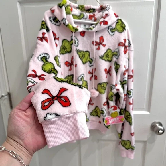 🎄Dr. Seuss grinch pink graphic hooded fleece sweatshirt size-XL bows/grinch - Picture 2 of 5